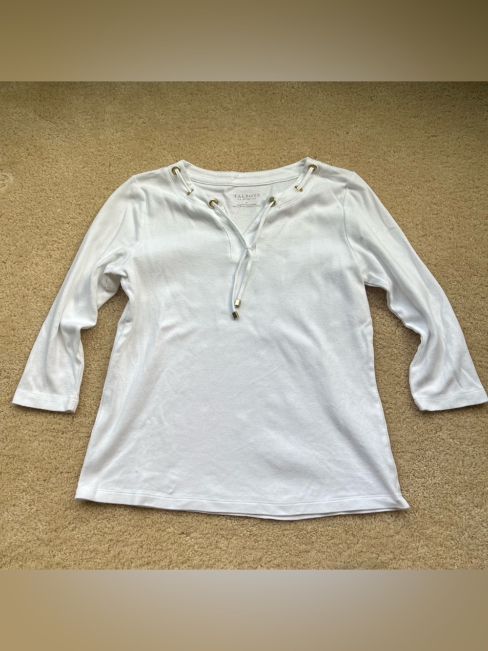 Talbots White Tee Shirt w/ Tie at Neck - Size XS Petite - EUC - 100% Cotton
